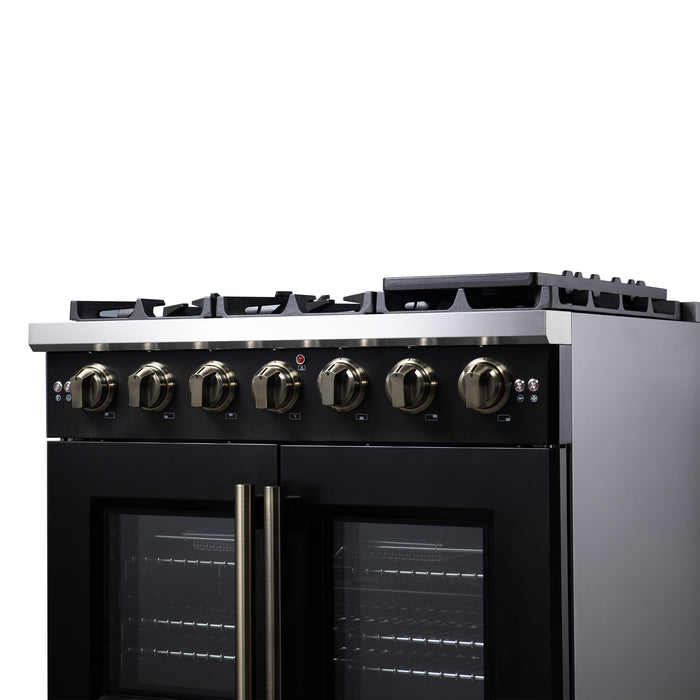 Forno Capriasca 36-Inch Black Freestanding French Door Gas Range, 6 Burners, Convection Oven, Energy Efficient
