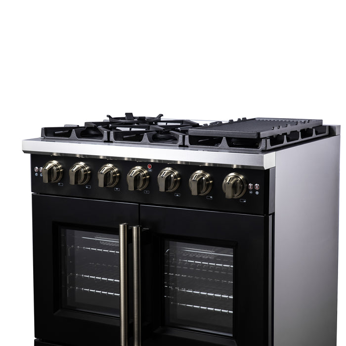 Forno Capriasca 36-Inch Black Freestanding French Door Gas Range, 6 Burners, Convection Oven, Energy Efficient