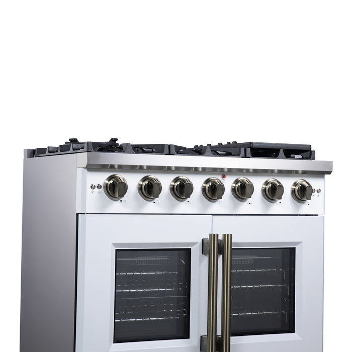 Forno Capriasca 36-Inch White Freestanding French Door Gas Range, 6 Burners, Convection Oven, Energy Efficient