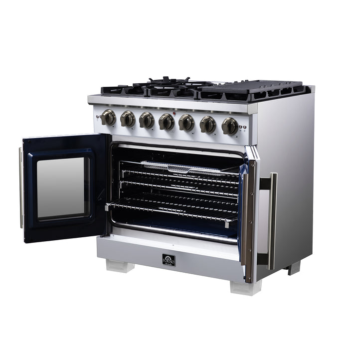 Forno Capriasca 36-Inch White Freestanding French Door Gas Range, 6 Burners, Convection Oven, Energy Efficient