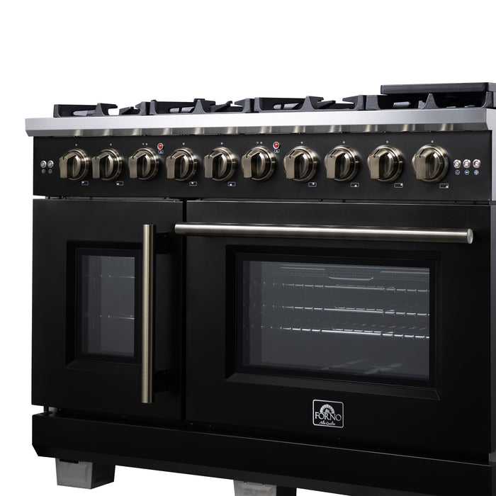 Forno Capriasca 48-Inch Black Freestanding French Door Gas Range, 8 Burners, Convection Oven, Energy Efficient