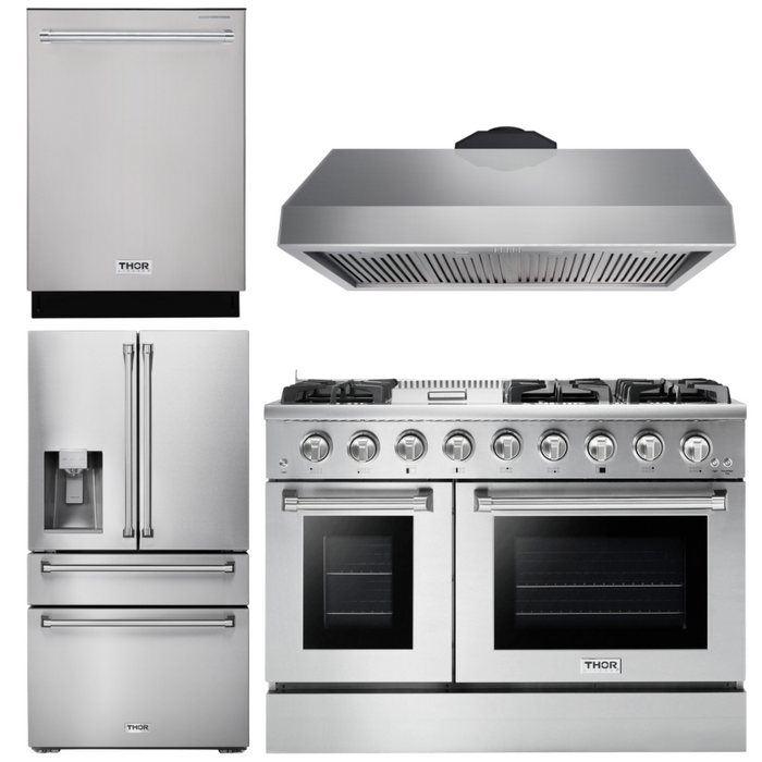 Thor Kitchen Package - 48" Gas Range, Range Hood, Refrigerator with Water and Ice Dispenser, Dishwasher, AP-HRG4808U-10