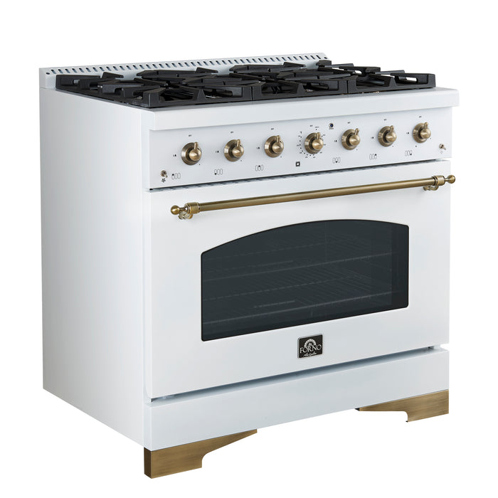 Forno Antico 36-Inch Freestanding Gas Range, White, Antique Brass Design, 6 Burners, Convection Oven, Energy Efficient