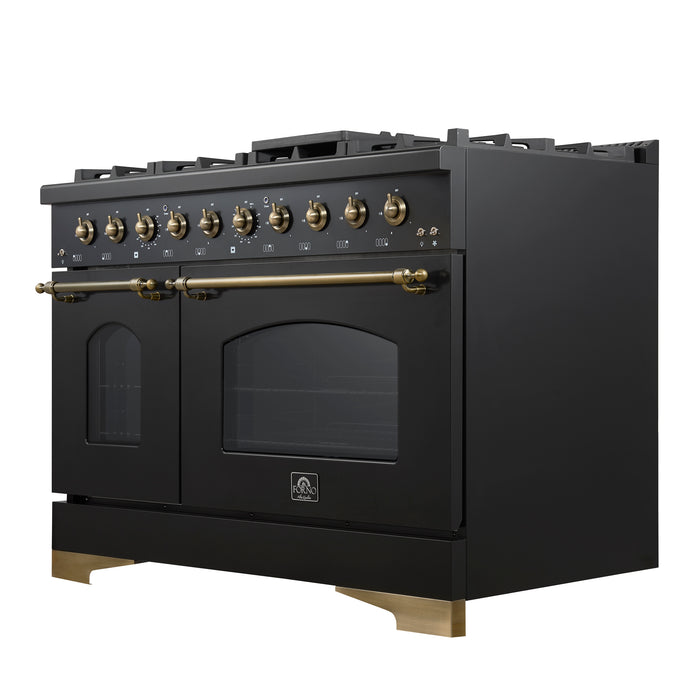 Forno Antico 48-Inch Freestanding Gas Range, Black, Antique Brass Design, 8 Burners, Griddle, Double Ovens, Energy Efficient