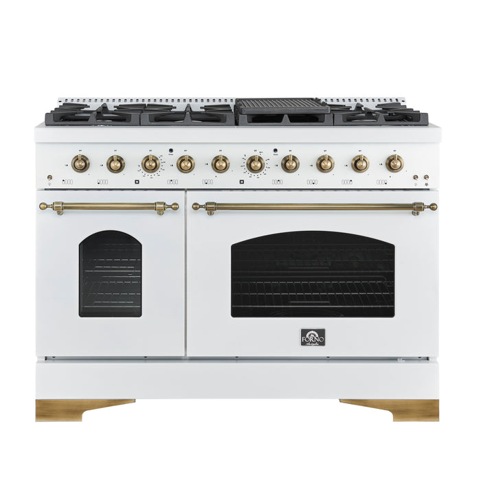 Forno Antico 48-Inch Freestanding Gas Range, White, Antique Brass Design, 8 Burners, Griddle, Double Ovens, Energy Efficient