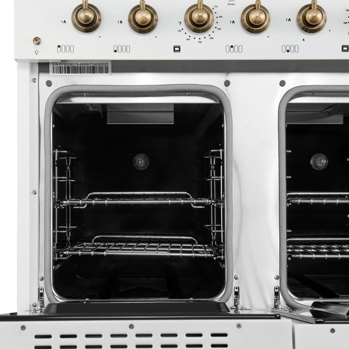 Forno Antico 48-Inch Freestanding Gas Range, White, Antique Brass Design, 8 Burners, Griddle, Double Ovens, Energy Efficient