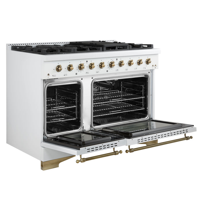 Forno Antico 48-Inch Freestanding Gas Range, White, Antique Brass Design, 8 Burners, Griddle, Double Ovens, Energy Efficient
