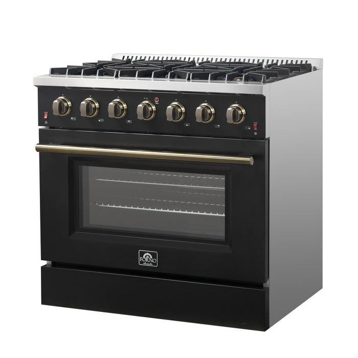 Forno Galiano 36-inch Freestanding Gas Range in Black with Antique Brass Design, 6 Burners, 83,000 BTU, 5.36 cu.ft. Convection Oven