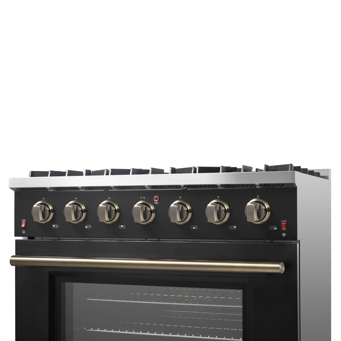 Forno Galiano 36-inch Freestanding Gas Range in Black with Antique Brass Design, 6 Burners, 83,000 BTU, 5.36 cu.ft. Convection Oven