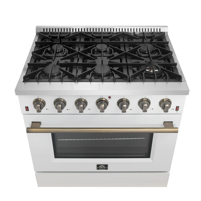 Forno Galiano 36-inch Freestanding Gas Range in White with Antique Brass Design, 6 Burners, 83,000 BTU, 5.36 cu.ft. Convection Oven