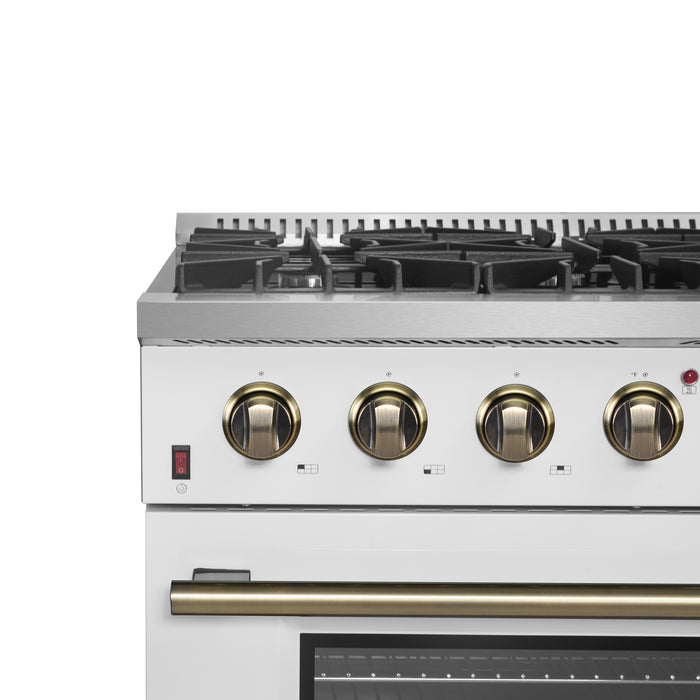 Forno Galiano 36-inch Freestanding Gas Range in White with Antique Brass Design, 6 Burners, 83,000 BTU, 5.36 cu.ft. Convection Oven