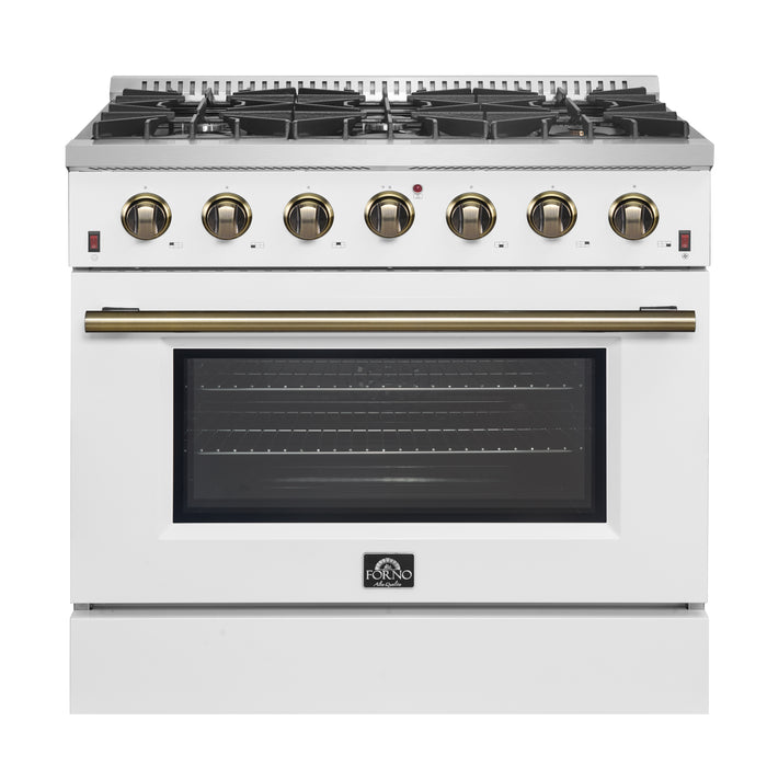 Forno Galiano 36-inch Freestanding Gas Range in White with Antique Brass Design, 6 Burners, 83,000 BTU, 5.36 cu.ft. Convection Oven