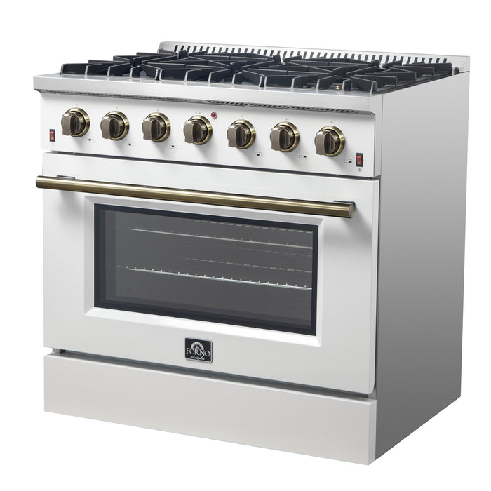 Forno Galiano 36-inch Freestanding Gas Range in White with Antique Brass Design, 6 Burners, 83,000 BTU, 5.36 cu.ft. Convection Oven