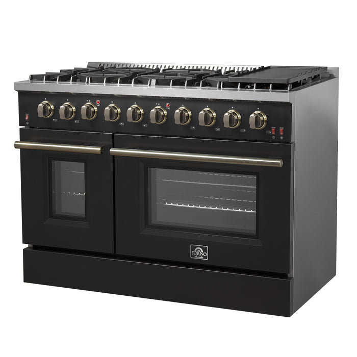 FORNO Galiano 48-inch Gas Range Black & Antique Brass Design, 8 Burners, 107,000 BTU, Griddle, 6.58 cu.ft. Double Ovens