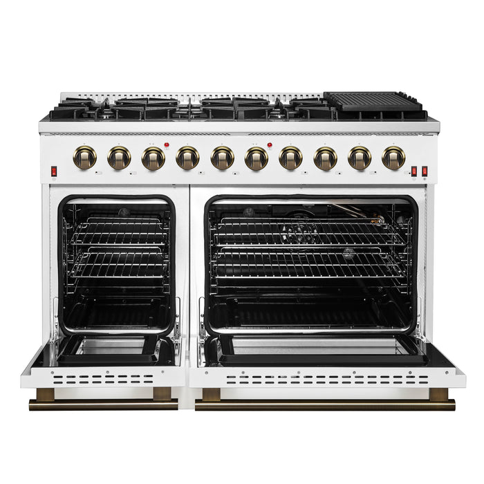 FORNO Galiano 48-inch Gas Range White & Antique Brass Design, 8 Burners, 107,000 BTU, Griddle, 6.58 cu.ft. Double Ovens