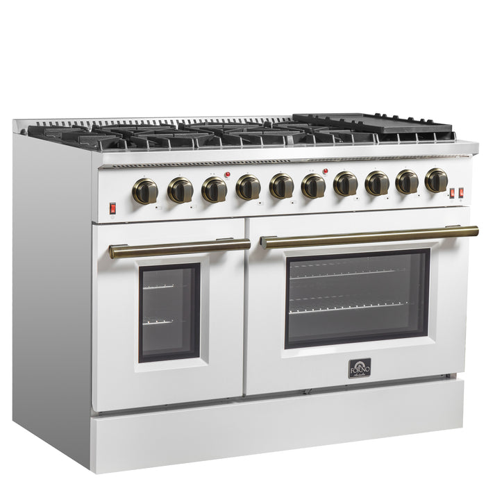 FORNO Galiano 48-inch Gas Range White & Antique Brass Design, 8 Burners, 107,000 BTU, Griddle, 6.58 cu.ft. Double Ovens