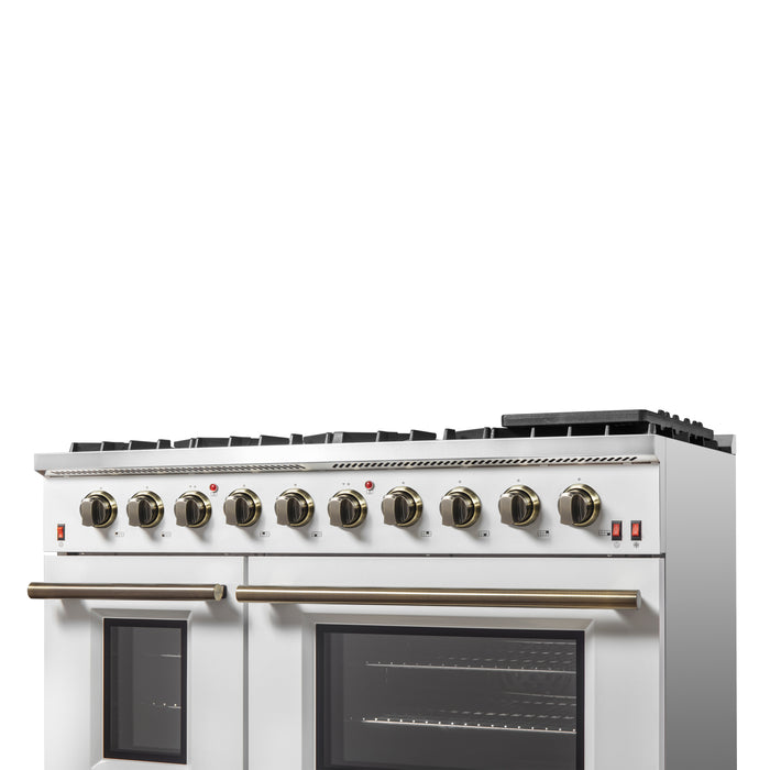 FORNO Galiano 48-inch Gas Range White & Antique Brass Design, 8 Burners, 107,000 BTU, Griddle, 6.58 cu.ft. Double Ovens