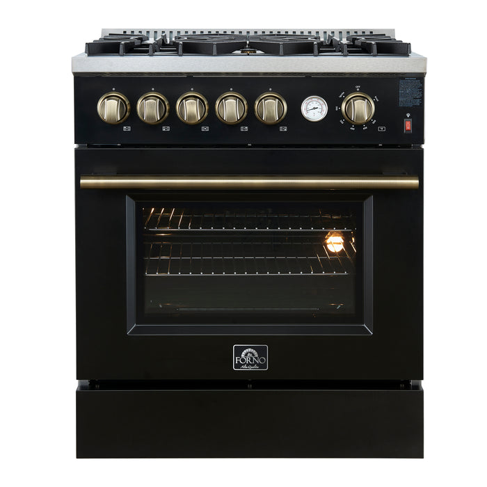 Giovanni 30-inch Gas Range Black & Antique Brass Design, 5 Burners 67,000 BTU, 4.32 cu.ft. Convection Oven