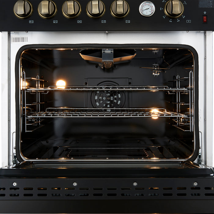 Giovanni 30-inch Gas Range Black & Antique Brass Design, 5 Burners 67,000 BTU, 4.32 cu.ft. Convection Oven