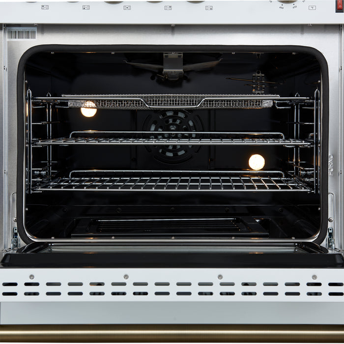 Giovanni 30-inch Gas Range White & Antique Brass Design, 5 Burners 67,000 BTU, 4.32 cu.ft. Convection Oven