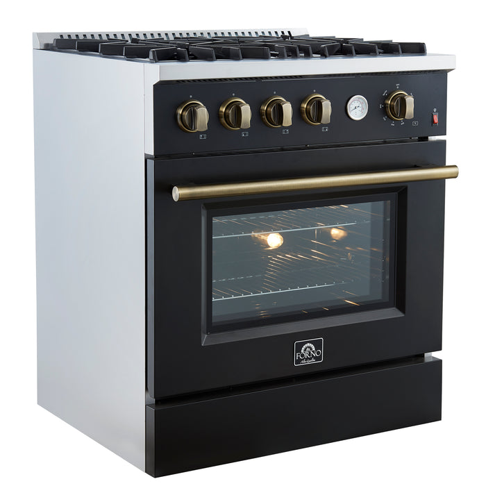 Marco 30-inch Gas Range Black & Antique Brass Design, 4 Burners 37,000 BTU, 4.32 cu.ft. Convection Oven