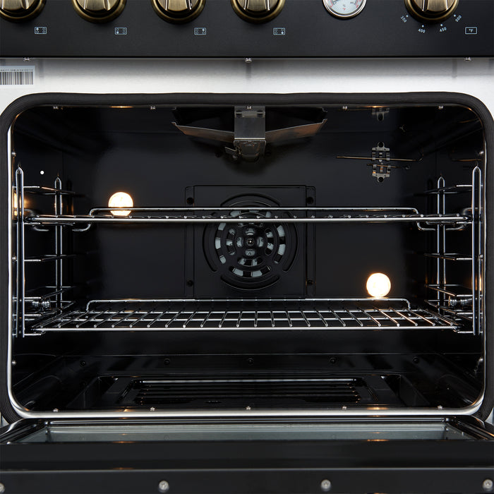 Marco 30-inch Gas Range Black & Antique Brass Design, 4 Burners 37,000 BTU, 4.32 cu.ft. Convection Oven