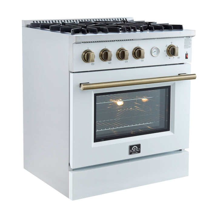 Marco 30-inch Gas Range White & Antique Brass Design, 4 Burners 37,000 BTU, 4.32 cu.ft. Convection Oven