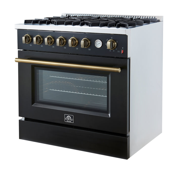 Marco 36-Inch Gas Range Black & Antique Brass Design, 6 Burners 67,000 BTU, 5.36 cu.ft. Convection Oven