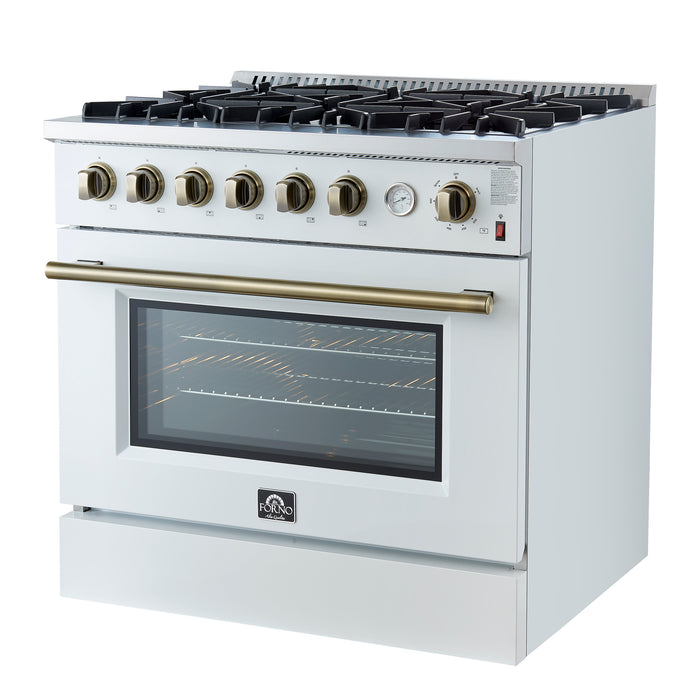 Marco 36-Inch Gas Range White & Antique Brass Design, 6 Burners 67,000 BTU, 5.36 cu.ft. Convection Oven