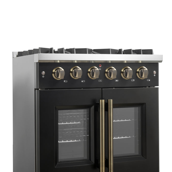 Forno Galiano 30-inch French Door Gas Range Black and Antique Brass Design, 5 Sealed Burners 68,000 BTU,  4.32 cu.ft. Convection Oven