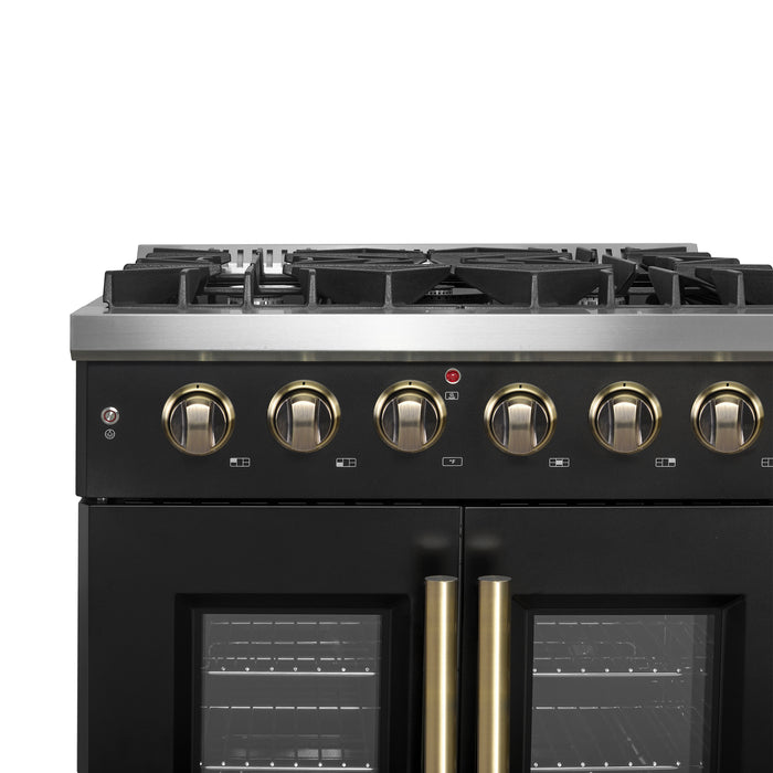 Forno Galiano 30-inch French Door Gas Range Black and Antique Brass Design, 5 Sealed Burners 68,000 BTU,  4.32 cu.ft. Convection Oven