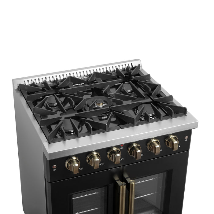 Forno Galiano 30-inch French Door Gas Range Black and Antique Brass Design, 5 Sealed Burners 68,000 BTU,  4.32 cu.ft. Convection Oven