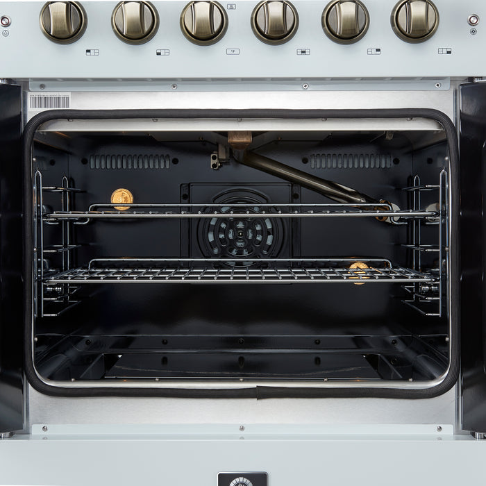 Forno Galiano 30-inch French Door Gas Range
White with Antique Brass Design, 5 Burners,
68,000 BTU, 4.32 cu.ft. Convection Oven