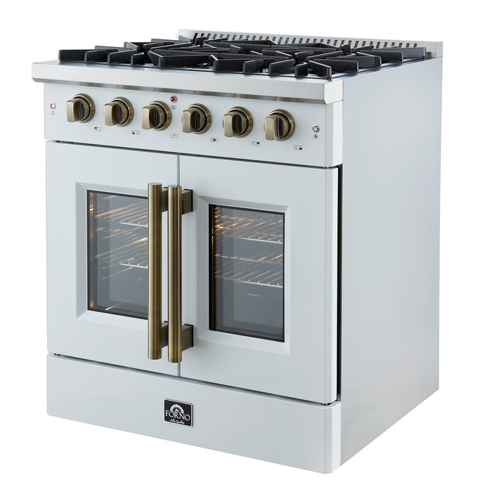 Forno Galiano 30-inch French Door Gas Range
White with Antique Brass Design, 5 Burners,
68,000 BTU, 4.32 cu.ft. Convection Oven