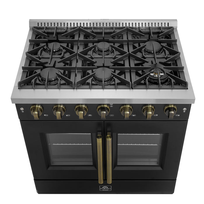 Forno Galiano 36-inch French Door Gas Range Black and Antique Brass Design, 6 Sealed Burners 83,000 BTU, 5.36 cu.ft. Convection Oven