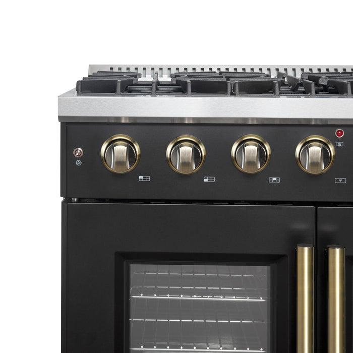 Forno Galiano 36-inch French Door Gas Range Black and Antique Brass Design, 6 Sealed Burners 83,000 BTU, 5.36 cu.ft. Convection Oven