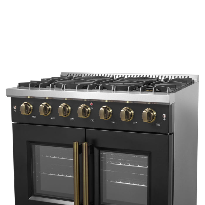 Forno Galiano 36-inch French Door Gas Range Black and Antique Brass Design, 6 Sealed Burners 83,000 BTU, 5.36 cu.ft. Convection Oven