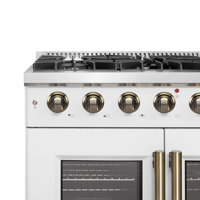 Forno Galiano 36-inch French Door Gas Range White and Antique Brass Design, 6 Sealed Burners 83,000 BTU, 5.36 cu.ft. Convection Oven