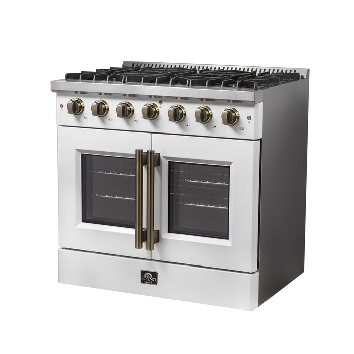 Forno Galiano 36-inch French Door Gas Range White and Antique Brass Design, 6 Sealed Burners 83,000 BTU, 5.36 cu.ft. Convection Oven