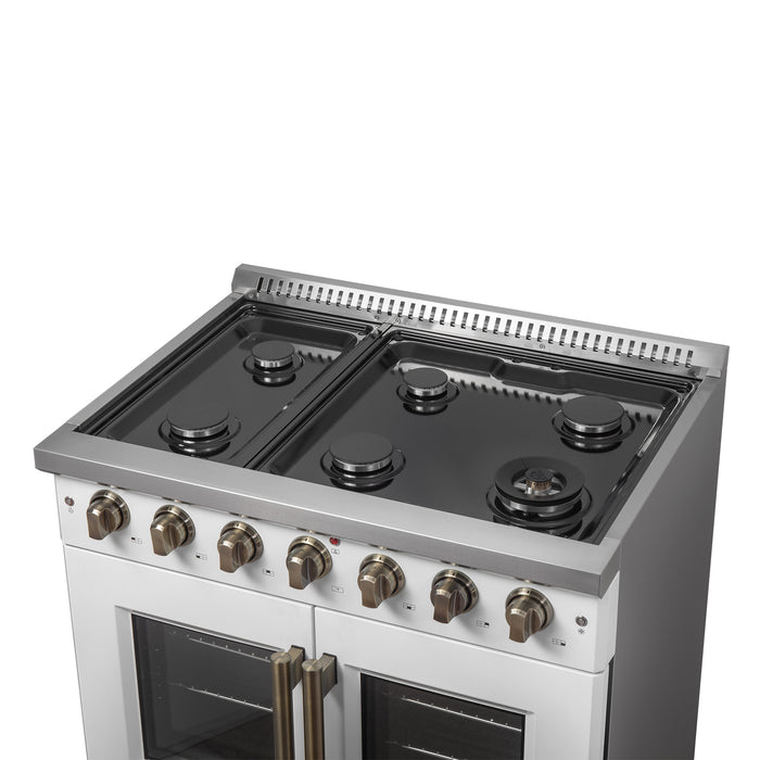 Forno Galiano 36-inch French Door Gas Range White and Antique Brass Design, 6 Sealed Burners 83,000 BTU, 5.36 cu.ft. Convection Oven