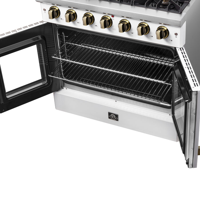 Forno Galiano 36-inch French Door Gas Range White and Antique Brass Design, 6 Sealed Burners 83,000 BTU, 5.36 cu.ft. Convection Oven