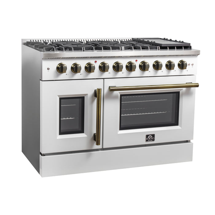 Forno Galiano 48-Inch Freestanding French Door Gas Range, White & Antique Brass