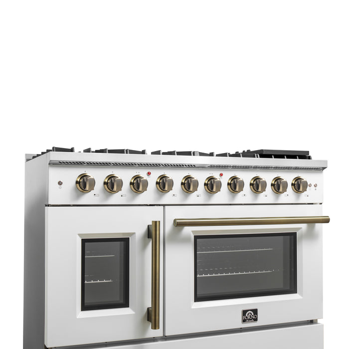 Forno Galiano 48-Inch Freestanding French Door Gas Range, White & Antique Brass