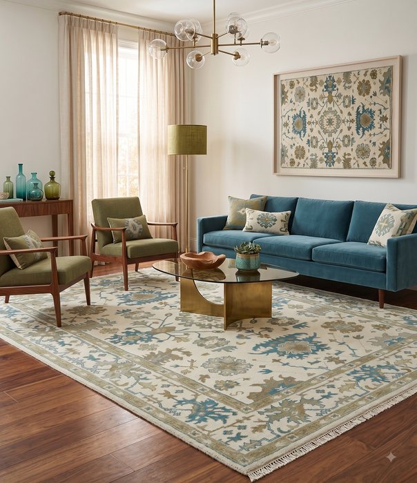Hand Knotted Ivory, Beige and Teal Traditional Oushak Wool Area Rug
