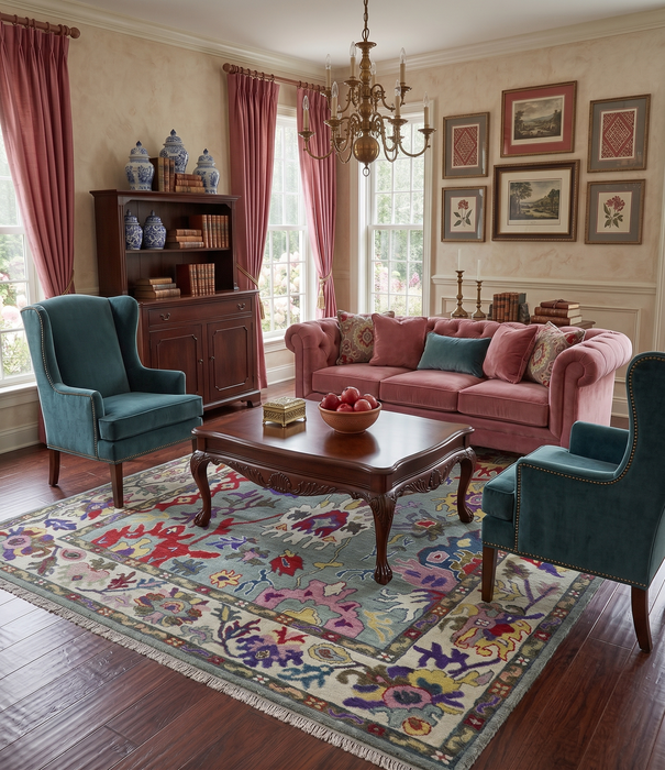 Vibrant colorful Gray And Ivory Hand Knotted Traditional Oushak wool Area Rug