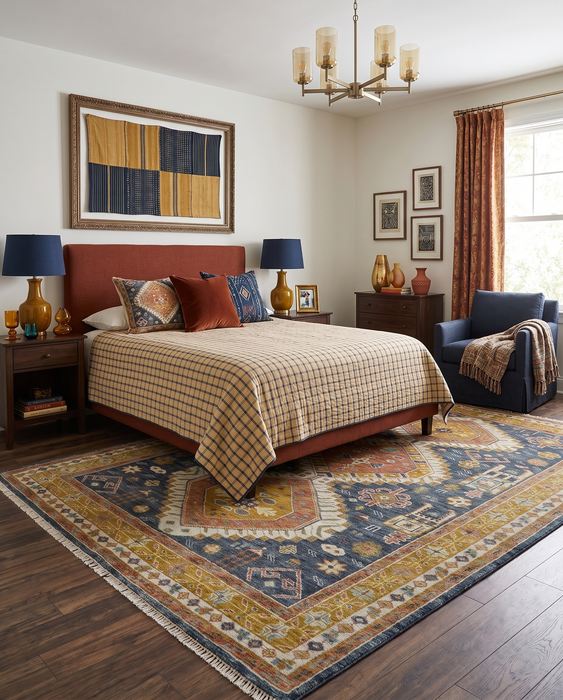 Rust, Gold and Blue Traditional Hand knotted Custom Made wool Area Rug
