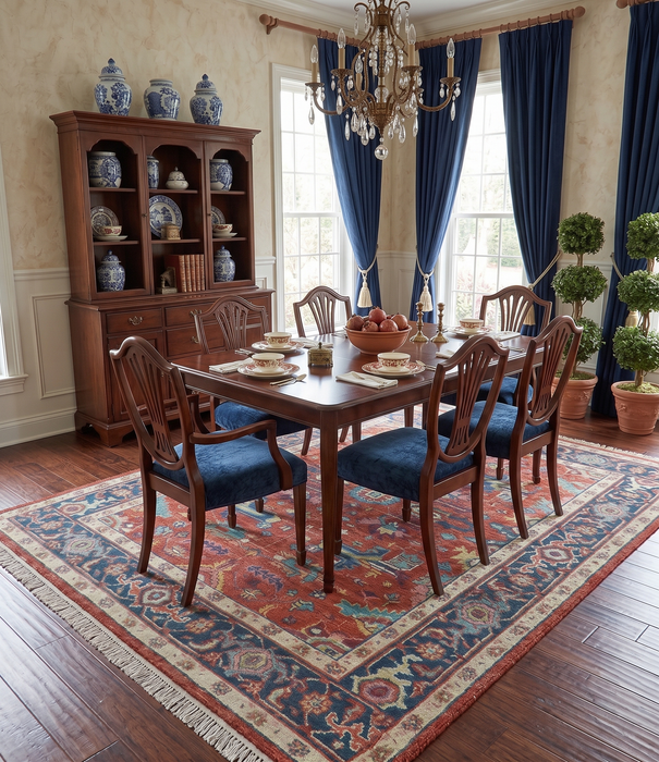Custom Made Red And Blue Traditional Hand Knotted Wool Rug