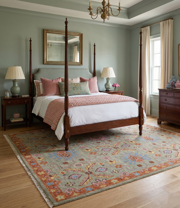 Vintage Style Rust, Pink and Blue Hand Knotted Traditional Oushak Multi Size wool Area Rug