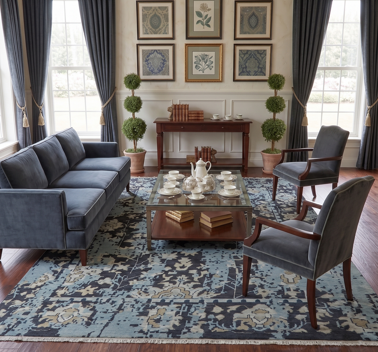 Custom Made Transitional Light Blue, Ivory, Beige and Charcoal Hand knotted wool Rug