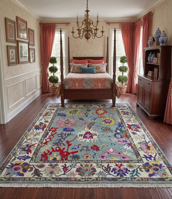 Vibrant colorful Gray And Ivory Hand Knotted Traditional Oushak wool Area Rug